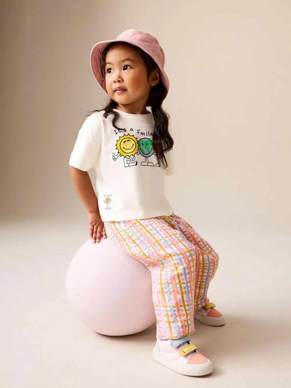 Best Next Ecru White Smiley Short Sleeve Top and Barrel Trousers Set (3mths-7yrs)