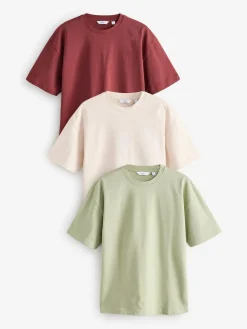 Next Ecru White/Green/Rust Red Relaxed Fit Heavyweight T-Shirts 3 Pack^ Tops & T-Shirts