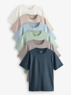 Next Ecru/Blue/Green/Neutral Mushroom/Grey/Stone Regular Fit Essential Cotton T-Shirts 6 Pack^ Nightwear|Tops & T-Shirts