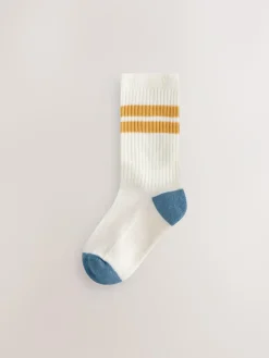 New Next Ecru/Blue/Mineral Cushioned Footbed Cotton Rich Ribbed Tipped Socks 5 Pack