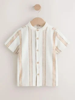 Best Next Ecru/Brown Short Sleeve Grandad Collar Textured Stripe Shirt (3mths-7yrs)