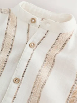 Best Next Ecru/Brown Short Sleeve Grandad Collar Textured Stripe Shirt (3mths-7yrs)