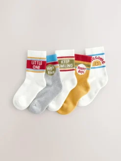 Next Ecru/Mustard/Red Retro Slogan Character Cotton Rich Socks 5 Pack^BOY Socks & Tights|Socks & Tights