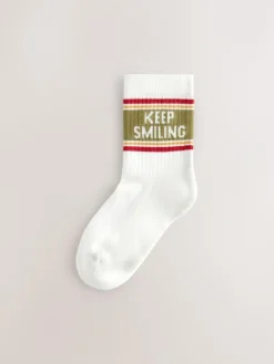 Next Ecru/Mustard/Red Retro Slogan Character Cotton Rich Socks 5 Pack^BOY Socks & Tights|Socks & Tights