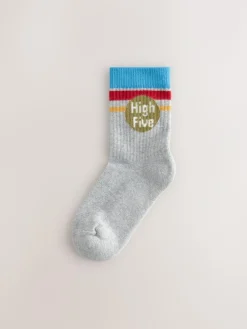 Next Ecru/Mustard/Red Retro Slogan Character Cotton Rich Socks 5 Pack^BOY Socks & Tights|Socks & Tights