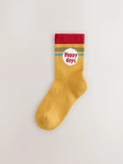Next Ecru/Mustard/Red Retro Slogan Character Cotton Rich Socks 5 Pack^BOY Socks & Tights|Socks & Tights