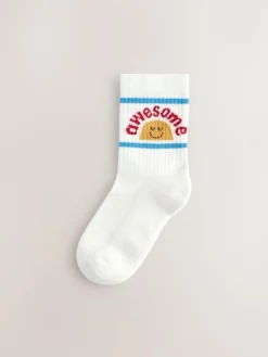 Next Ecru/Mustard/Red Retro Slogan Character Cotton Rich Socks 5 Pack^BOY Socks & Tights|Socks & Tights