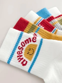 Next Ecru/Mustard/Red Retro Slogan Character Cotton Rich Socks 5 Pack^BOY Socks & Tights|Socks & Tights