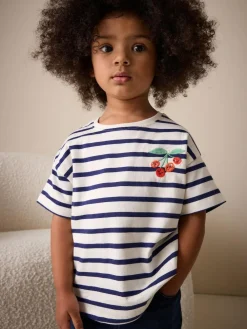 Outlet Next Short Sleeve Embroidered T-Shirt (3mths-7yrs) Ecru/Navy Stripe Cherry