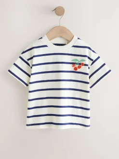 Outlet Next Short Sleeve Embroidered T-Shirt (3mths-7yrs) Ecru/Navy Stripe Cherry