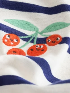 Outlet Next Short Sleeve Embroidered T-Shirt (3mths-7yrs) Ecru/Navy Stripe Cherry
