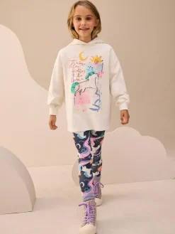 New Next Graphic Print Hoodie Leggings Set (3-16yrs) Ecru/Navy Unicorn