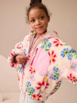 Best Next Hooded Zip Borg Fleece Jacket (3-16yrs) Ecru/Pink Floral