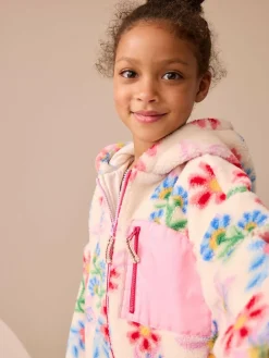 Best Next Hooded Zip Borg Fleece Jacket (3-16yrs) Ecru/Pink Floral