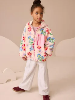 Best Next Hooded Zip Borg Fleece Jacket (3-16yrs) Ecru/Pink Floral