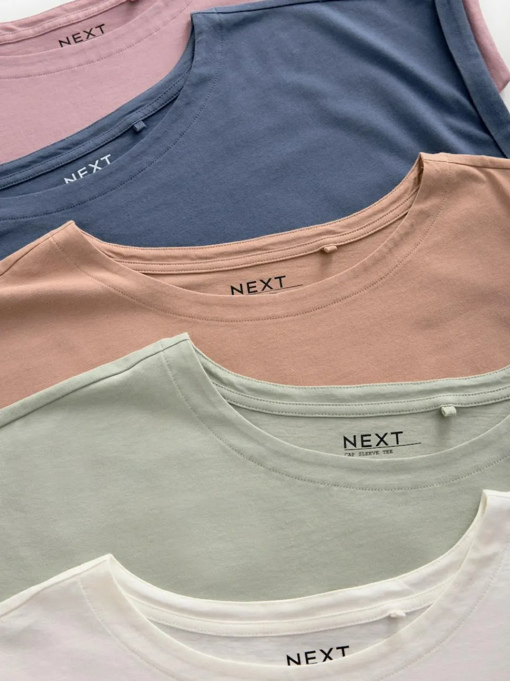 New Next Cap Sleeve T-Shirts 5 Pack Ecru/Taupe/Brown/Blue/Yellow