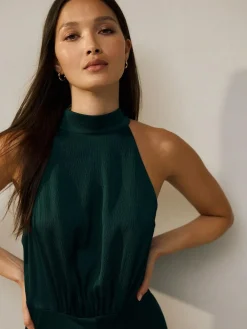 Next Emerald Green Textured Satin Halter Sleeveless Midi Dress^Women Occasion Dresses|Maxi Dresses