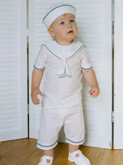 New Emile Et Rose Linen Style Sailor Collar & Trim 100% Cotton 2Pc Shorts & Hat Set