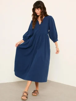 Clearance Fat Face FatFace Ceil Indigo Blue Textured Midi Dress