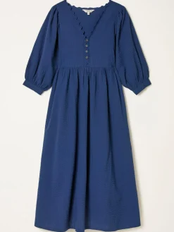 Clearance Fat Face FatFace Ceil Indigo Blue Textured Midi Dress