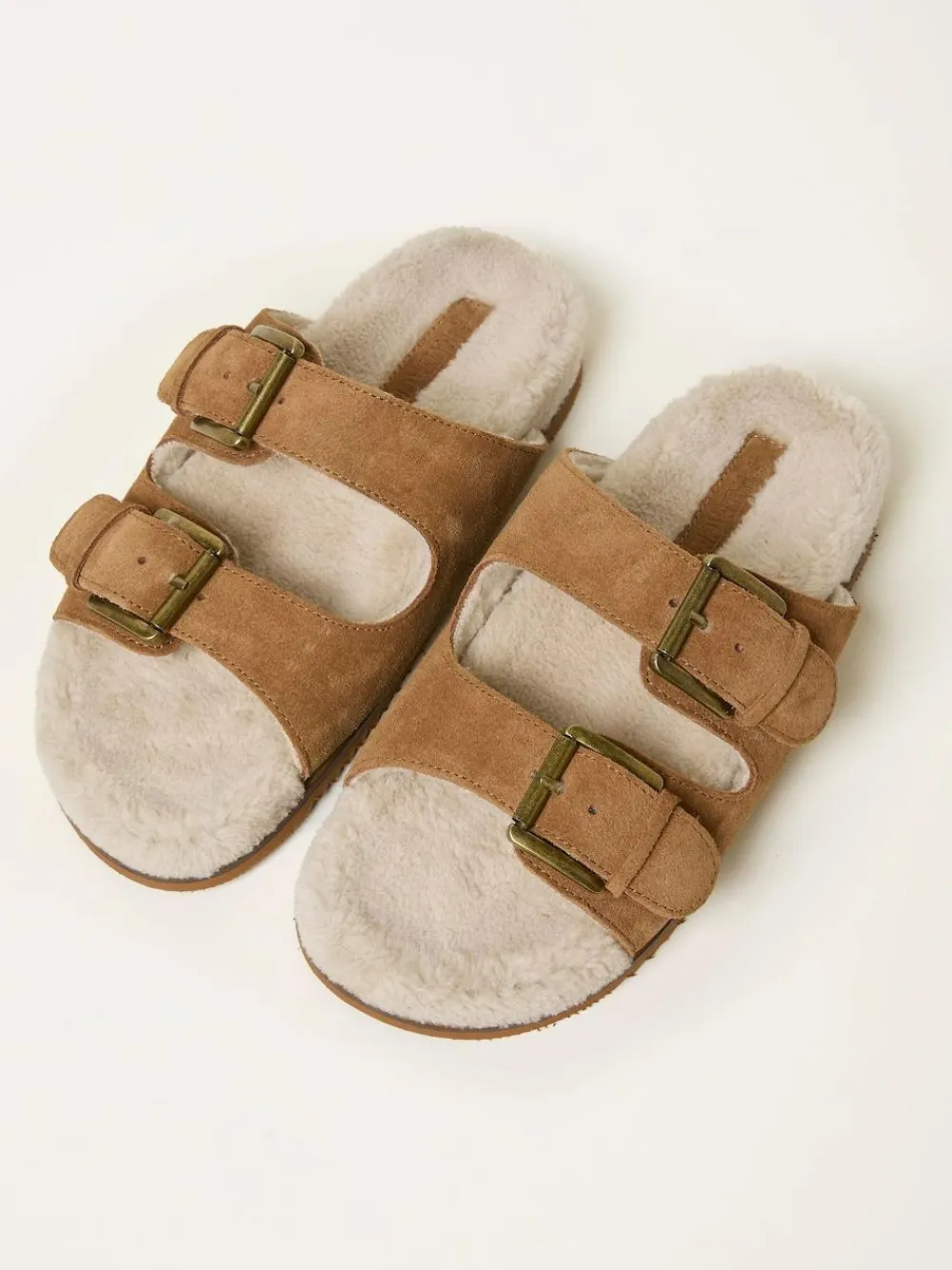 Fat Face FatFace Tan Brown Cosy Borg Lined Leather Footbed^Women Slippers