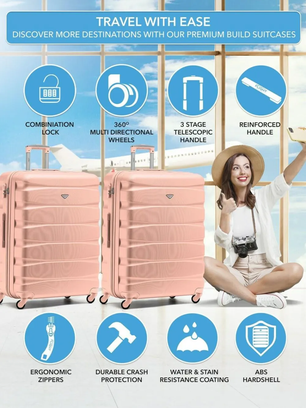 Online CABIN PRO Flight Knight Large Pink Check In Hold Luggage Hardcase Travel Suitcases Set Of 2