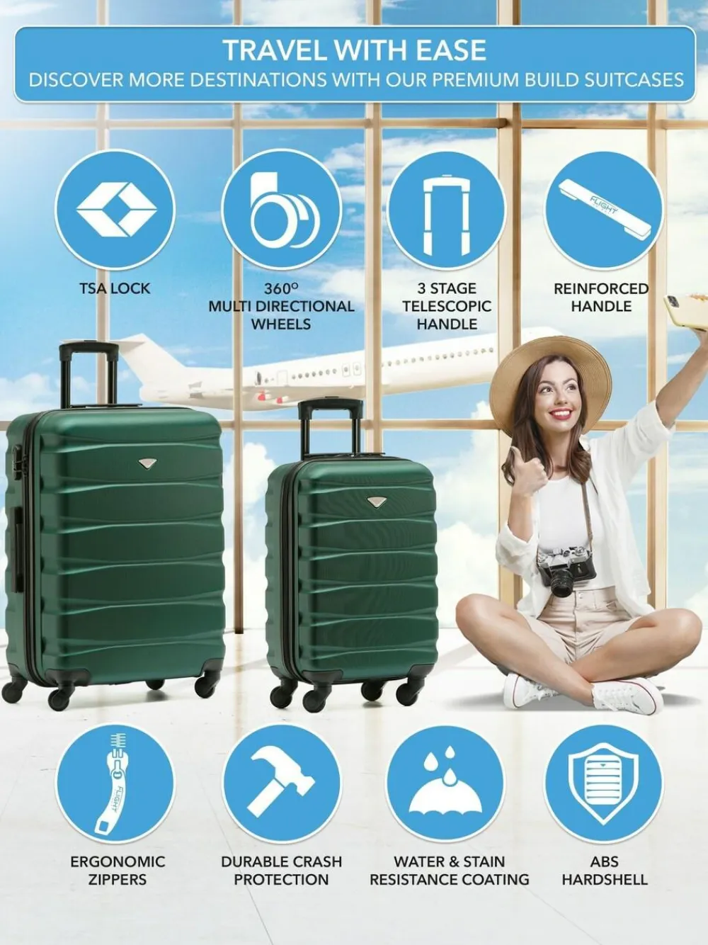 CABIN PRO Flight Knight Medium Green Check In & Small Carry On Hardcase Travel Suitcases Set Of 2^Women Luggage