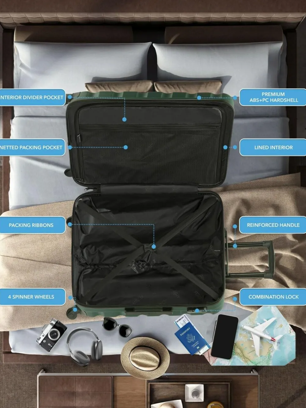 CABIN PRO Flight Knight Medium Green Check In & Small Carry On Hardcase Travel Suitcases Set Of 2^Women Luggage