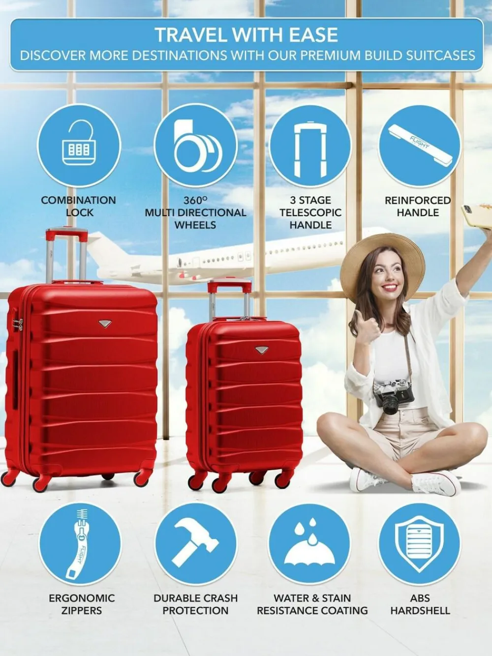 Hot CABIN PRO Flight Knight Medium Red Check In & Small Carry On Hardcase Travel Suitcases Set Of 2