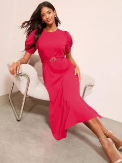 Friends Like These Ruched Short Sleeve Belted Midi Dress^Women Occasion Dresses|Midi Dresses