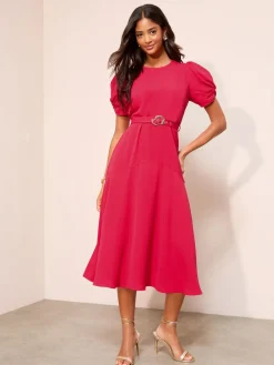 Friends Like These Ruched Short Sleeve Belted Midi Dress^Women Occasion Dresses|Midi Dresses