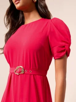 Friends Like These Ruched Short Sleeve Belted Midi Dress^Women Occasion Dresses|Midi Dresses
