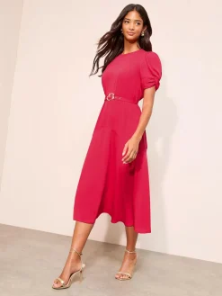 Friends Like These Ruched Short Sleeve Belted Midi Dress^Women Occasion Dresses|Midi Dresses