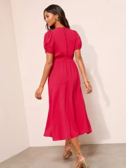 Friends Like These Ruched Short Sleeve Belted Midi Dress^Women Occasion Dresses|Midi Dresses
