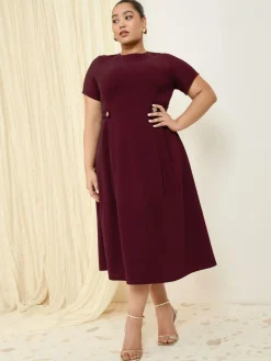 Best Friends Like These Curve Tab Detail Short Sleeve Midi Tailored Dress Berry Red
