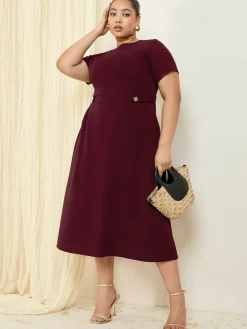 Best Friends Like These Curve Tab Detail Short Sleeve Midi Tailored Dress Berry Red