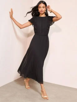 Friends Like These Black Curve Chiffon Pleated Lace Insert Midi Dress^Women Occasionwear|Occasion Dresses