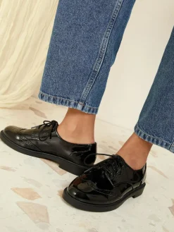 Friends Like These Black Standard Fit Flat Comfort Lace Up Patent Faux Leather Brogue Shoes^Women Flats