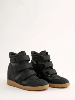 New Friends Like These Black Faux Leather Velcro High Top Wedge Casual Trainers