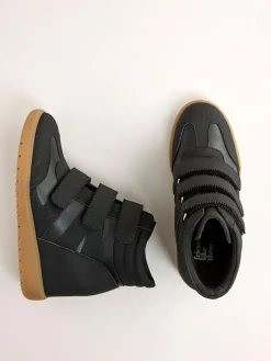 New Friends Like These Black Faux Leather Velcro High Top Wedge Casual Trainers