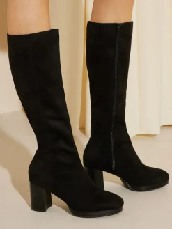 Online Friends Like These Black Wide Fit Platform Block Heel Knee High Faux Suede Long Boots