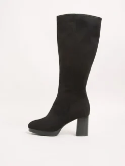 Online Friends Like These Black Wide Fit Platform Block Heel Knee High Faux Suede Long Boots