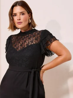 Friends Like These Black Curve Lace Scuba Mix Frill Sleeve Jumpsuit^Women Jumpsuits & Playsuits