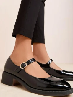 Friends Like These Black Low Block Heel Buckle Patent Faux Leather Maryjane Shoes^Women Heels