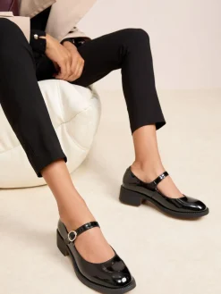 Friends Like These Black Low Block Heel Buckle Patent Faux Leather Maryjane Shoes^Women Heels