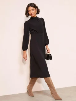 Online Friends Like These High Neck Long Sleeve Midi Dress with Bow Detailing Black