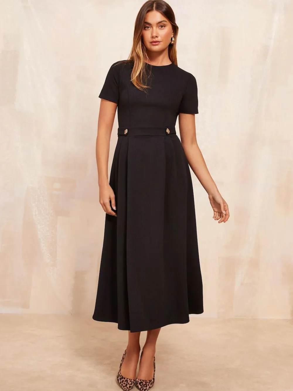 Friends Like These Petite Tab Detail Short Sleeve Midi Tailored Dress Black