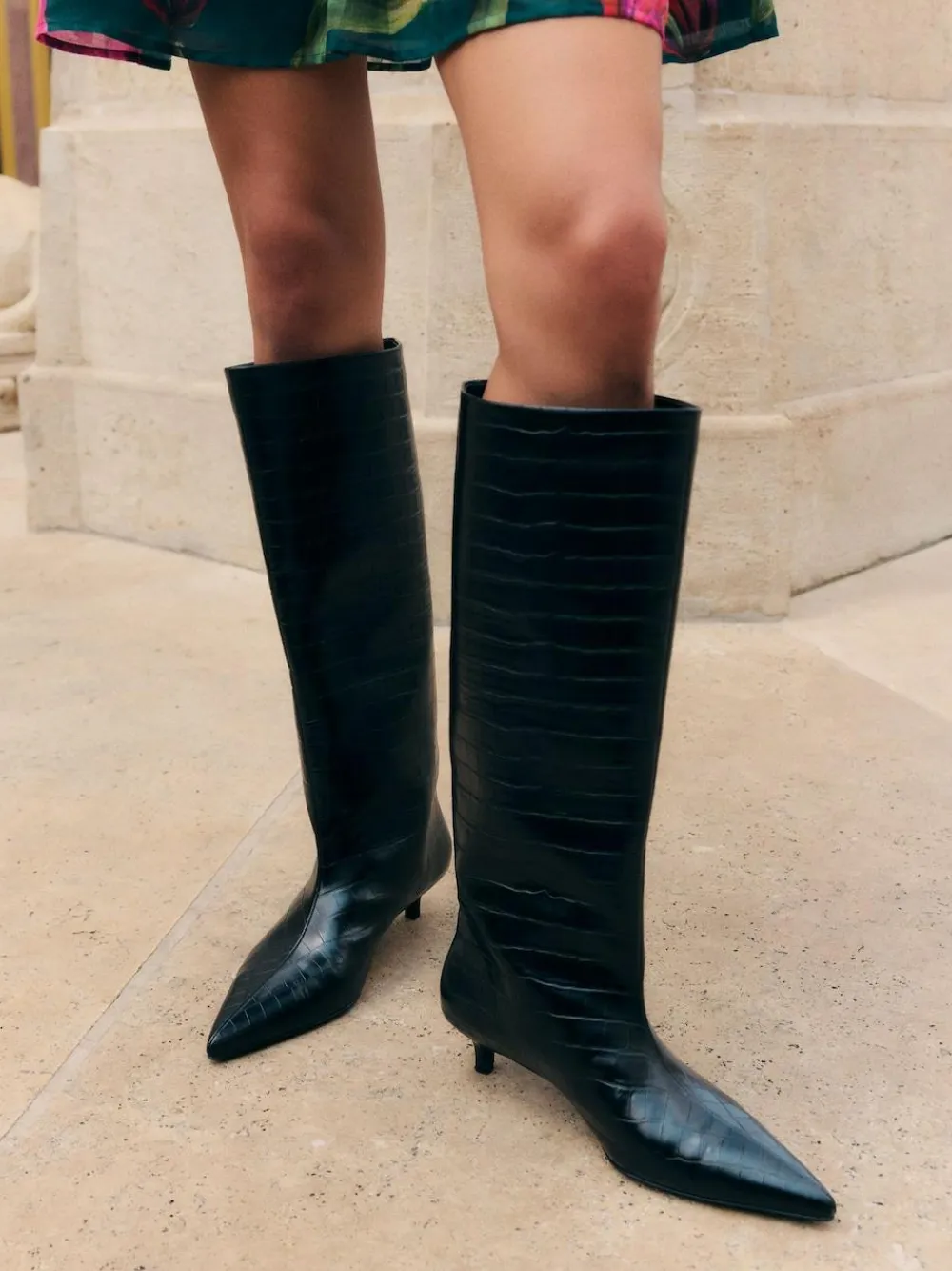 Friends Like These Black Faux Croc Leather Kitten Heel Formal Knee High Shaft Long Boots^Women Boots & Wellies|Boots