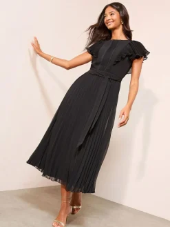 Hot Friends Like These Chiffon Pleated Lace Insert Midi Dress Black