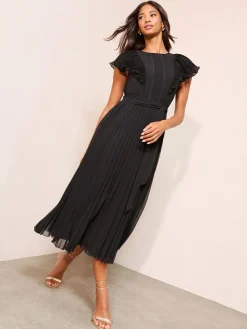 Hot Friends Like These Chiffon Pleated Lace Insert Midi Dress Black